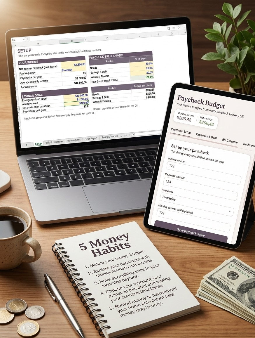 Automated Paycheck Budget Tracker & Interactive Mini-App | Google Sheets, Excel & Bonus Debt eBook